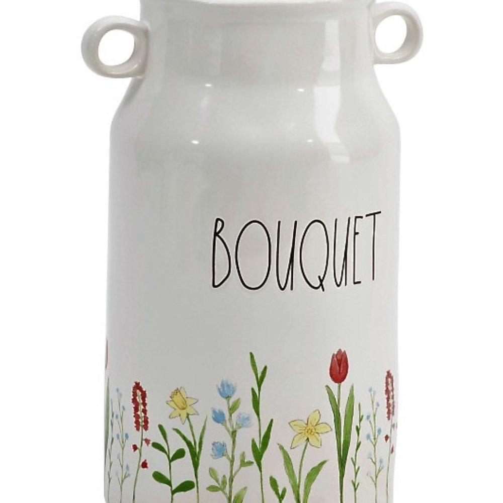 New Rae Dunn Ceramic Milk Jug "Bouquet" Vase, 9 1/2" tall x 5 1/4" diameter